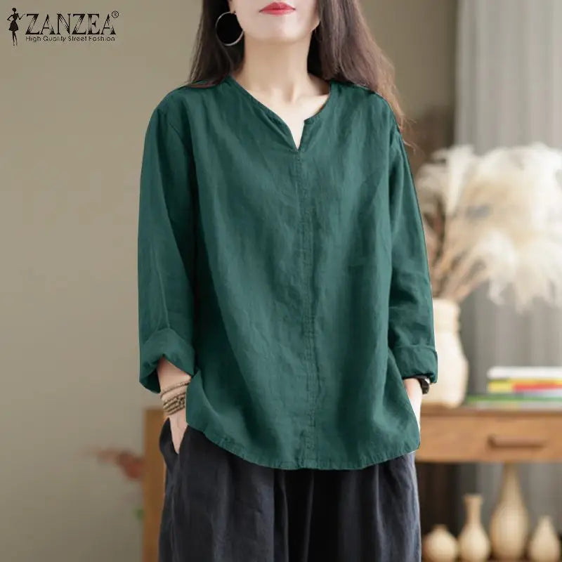 Vintage Women Blouse Autumn Long Sleeve Shirt Female V Neck Work Holiday Blusas ZANZEA Casual Solid Loose Shirt Cotton Chemise
