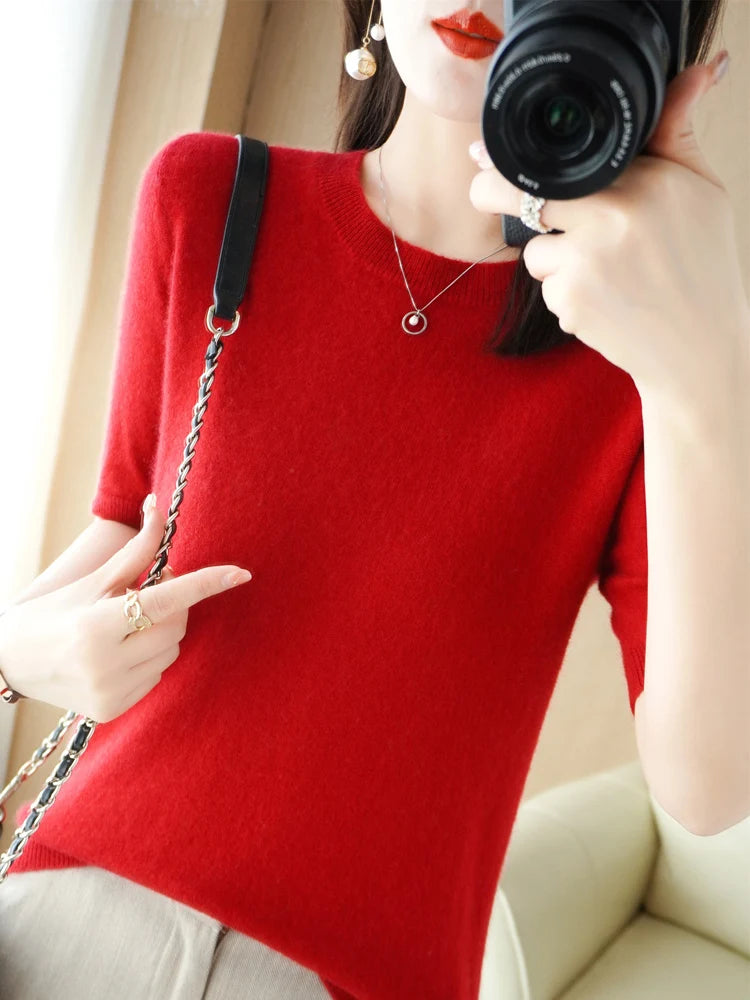Spring Autumn Women Sweaters Short Sleeves O-neck Bottoming Shirts Knitwear 2026 Summer Knit Tops Pullovers Korean Jumpers