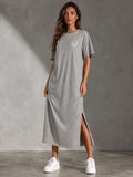 Smiley Letter Print Side Split Loose Oversized Women T‑Shirt Maxi Dress, Crew Neck Short Sleeve Casual Long Tee Dress, Soft Loungewear Nightgown, Streetwear Sundress for Daily Home Party Vacation Travel Shopping Casual Occa