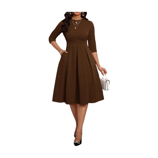 Women's Round Neck Three Quarter Sleeve Pleated Midi Dress For Business Daily Banquet Wedding Guest Formal Fashion Occasions