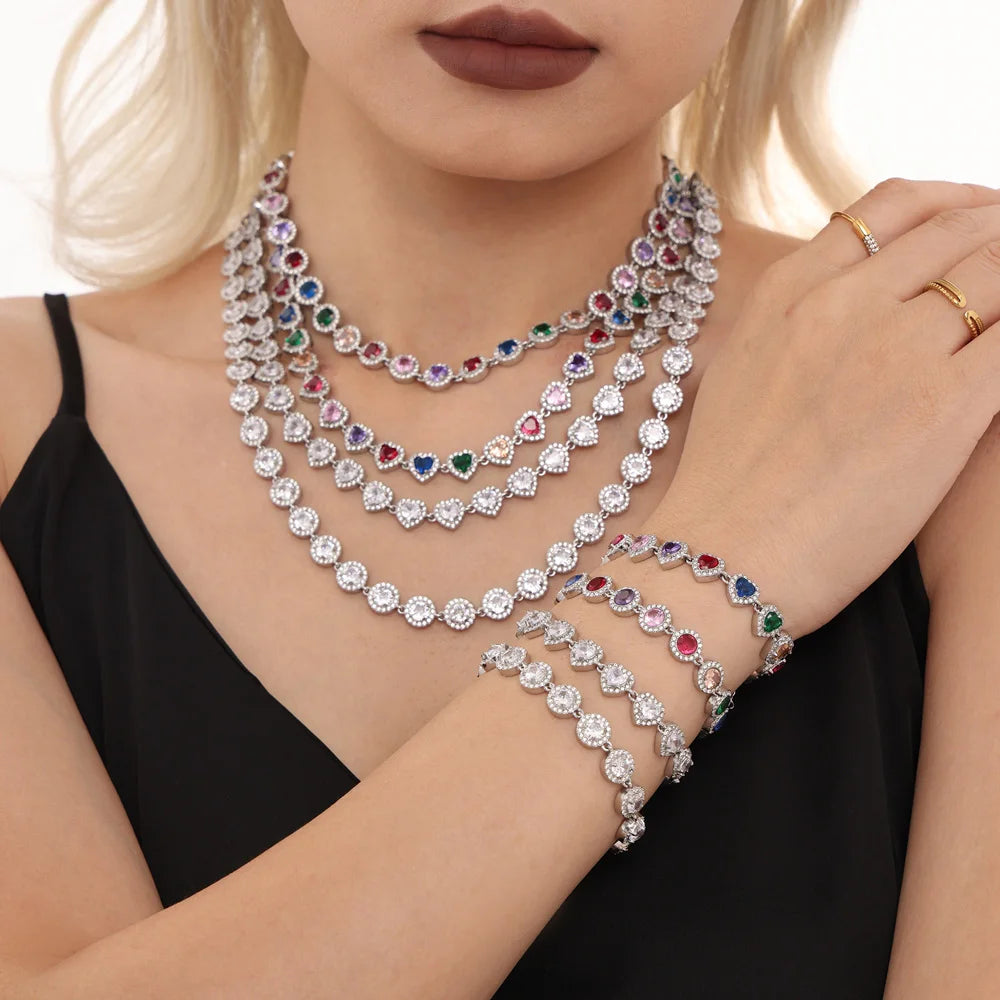 Colorful Zircon Necklace Heart Chain Bracelet Set Women's 316L Stainless Steel Gold-Plated Luxury Wedding Jewelry Accessories