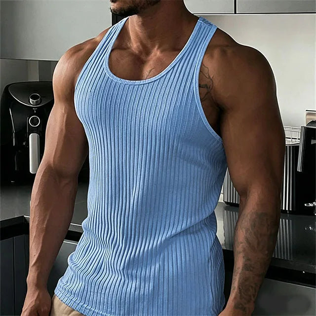 2026 New Men's Rib Knit Tank Tops Elastic Slim Fit Fitness Gym Vest Sleeveless Muscle Shirts for Running Training