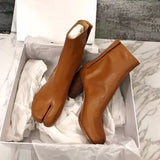 New Genuine Leather Tabi Ankle Boots Women Chunky Round Heels Shoes Woman High Heels Split Toe Tabi Boots Women Botas De Mujer