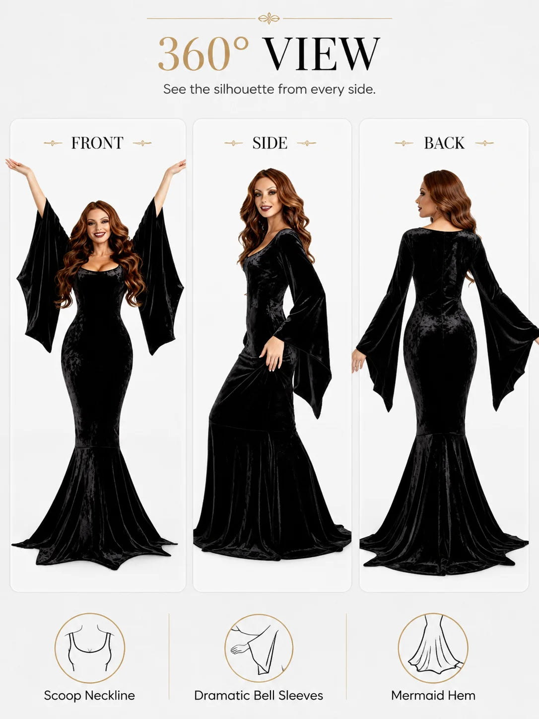 Women Gothic Velvet Mermaid Maxi Dress Bat Flared Long Sleeve Bodycon Gown Dark Witch Vampire Costume Halloween Cosplay Party Outfit