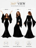 Women Gothic Velvet Mermaid Maxi Dress Bat Flared Long Sleeve Bodycon Gown Dark Witch Vampire Costume Halloween Cosplay Party Outfit