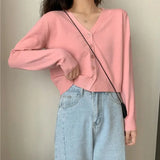 2026 Women Long Sleeve Cropped Cardigan V Neck Button Down Knit Lady Autumn Spring Knitted Single-breasted Cardigan Sweaters