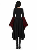 Women Gothic Medieval Dress Skull Lace Bell Long Sleeve Lace Up Front High Low Midi Dress Vintage Renaissance Witch Costume Halloween Cosplay Party Dress