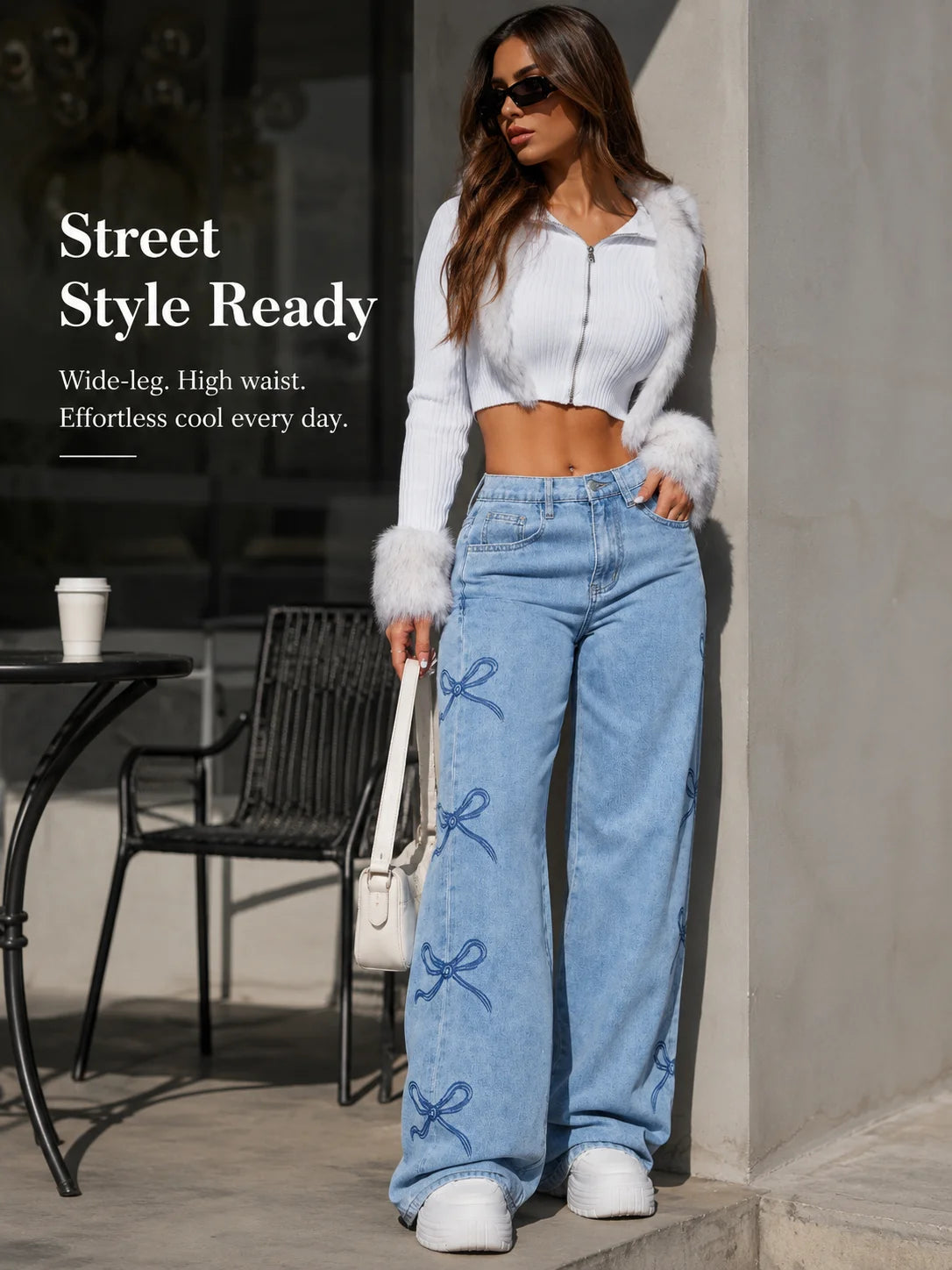 Y2K Bow Embroidery Wide Leg Jeans for Women, High Rise Vintage Light Wash Baggy Denim Trousers Trendy Casual Streetwear Daily Pants