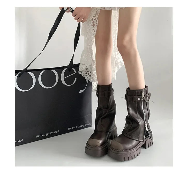 Winter Women Biker Boots Fashion Belt Buckle Ladies Elegant Platform Long Pipe Booties Casual Women's Knee High Booties2024