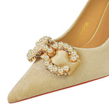 Luxury Women 7cm High Heels Wedding Replica Pumps Lady Luxury Designer Metal Chain Buckle High Heels Stiletto Women Dress Shoes