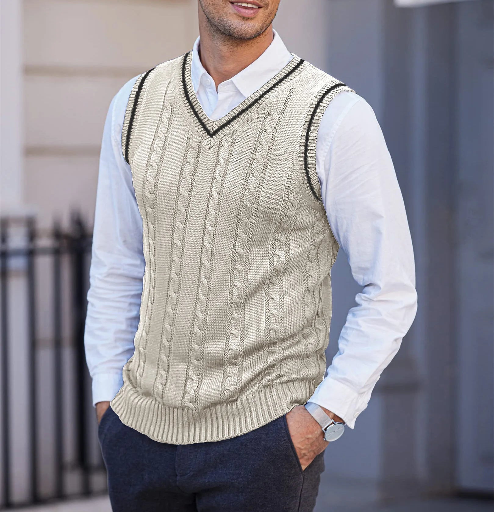 New Men's Knit V-Neck Sweater Vest Contrast Color Stripe Design Sleeveless Knitted Pullover Sweaters Men Smart Casual Waistcoats
