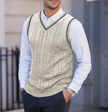New Men's Knit V-Neck Sweater Vest Contrast Color Stripe Design Sleeveless Knitted Pullover Sweaters Men Smart Casual Waistcoats