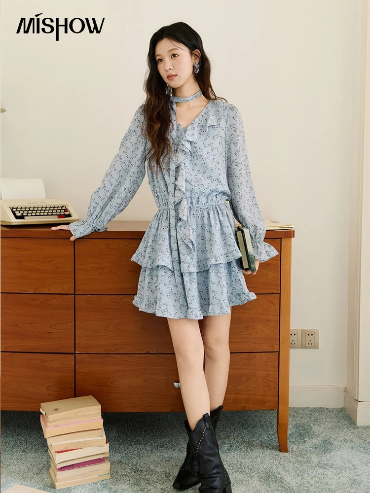 MISHOW Floral Dress for Women Cotton 2026 Spring Blue Luxury V-neck Ruffled Puff Sleeve Dress Party Midi Dress Woman MXE46L2517