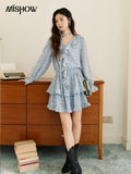 MISHOW Floral Dress for Women Cotton 2026 Spring Blue Luxury V-neck Ruffled Puff Sleeve Dress Party Midi Dress Woman MXE46L2517