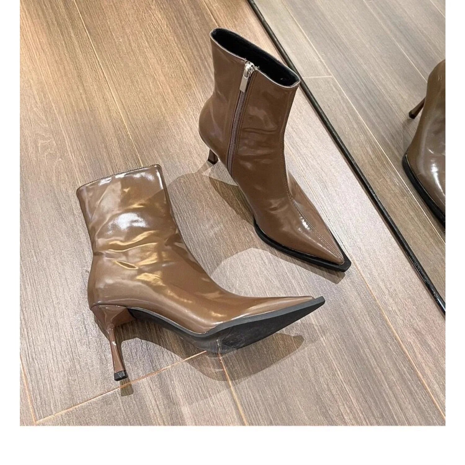 Ankle Boots Vintage Autumn New Fashion High Heels Women's Sexy Pointed Toe patent leather skinny boots Women Brown Short Booties