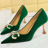 Luxury Women 7cm High Heels Wedding Replica Pumps Lady Luxury Designer Metal Chain Buckle High Heels Stiletto Women Dress Shoes