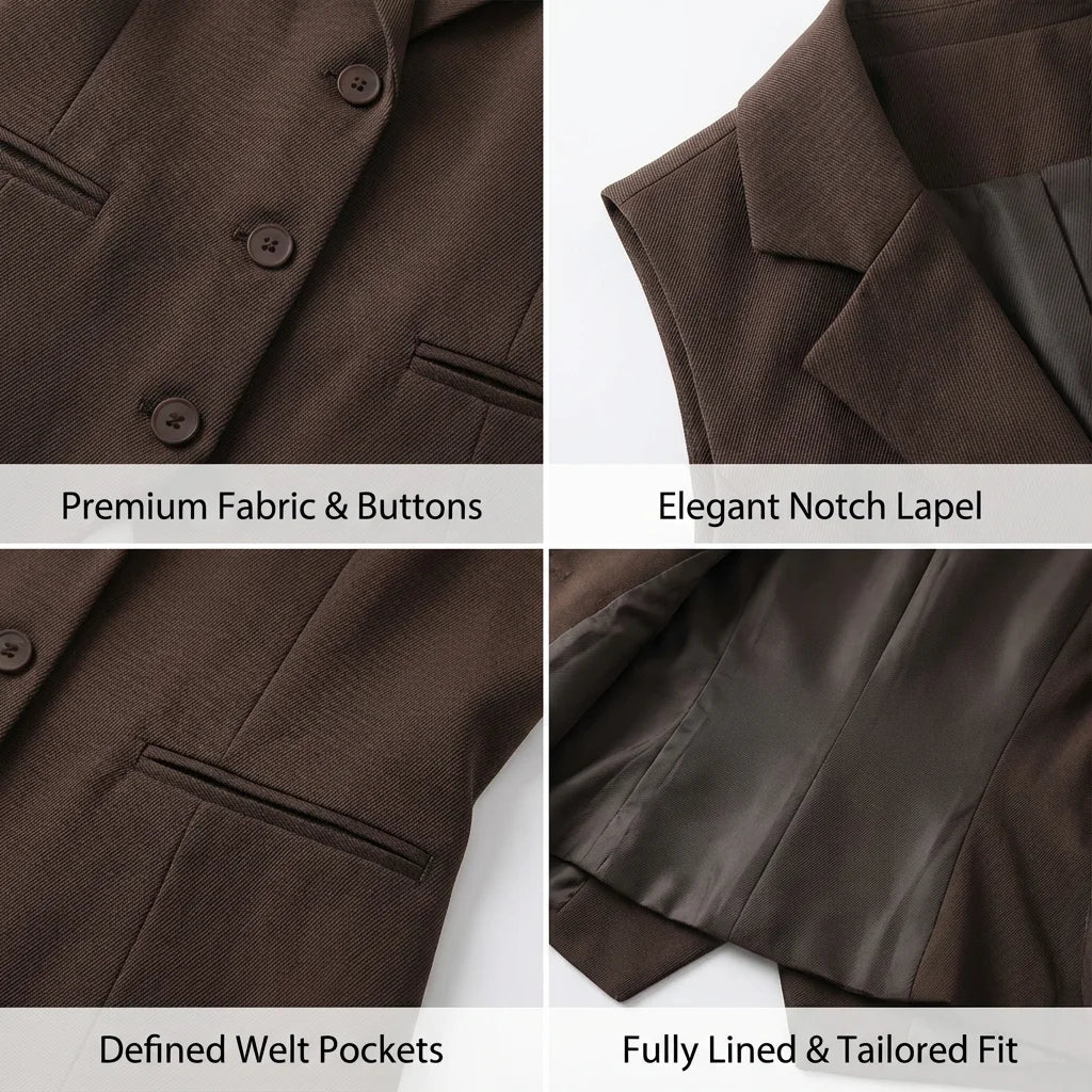 Vintage Women's Brown Custom Waistcoat Sleeveless Lapel Suit Vest Daily Commute Button Slim Design, Casual All Fold Wear