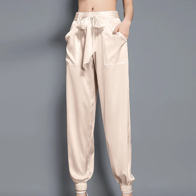 Birdsky, 1PC Women trousers bloomers pants pant bow belt high waist 19MM 95% real mulberry silk 5% spandex 3 colors, S-930