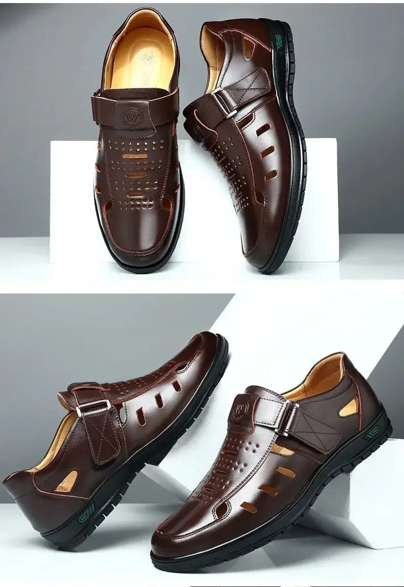 Men Genuine Leather Sandals Summer Breathable Casual Shoes for Man Slip on Clogs Outdoor Non Slip Hand Made Sandalias