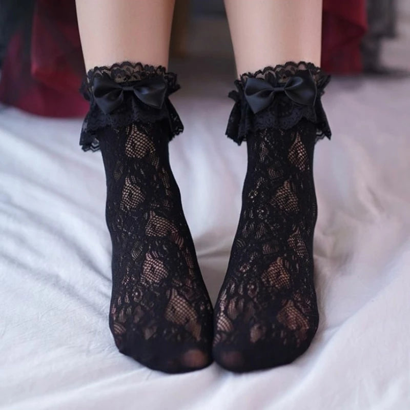 New Design Lace Socks Japanese Style Lolita Kawaii Sock Women's Summer Mesh Breathable Fishnet Socks Sweet Ballet Cute Bow Socks