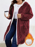 Women Fuzzy Fleece Lined Hooded Long Open Cardigan Warm Sherpa Trim Mid Length Coat With Side Pockets Loose Winter Outerwear