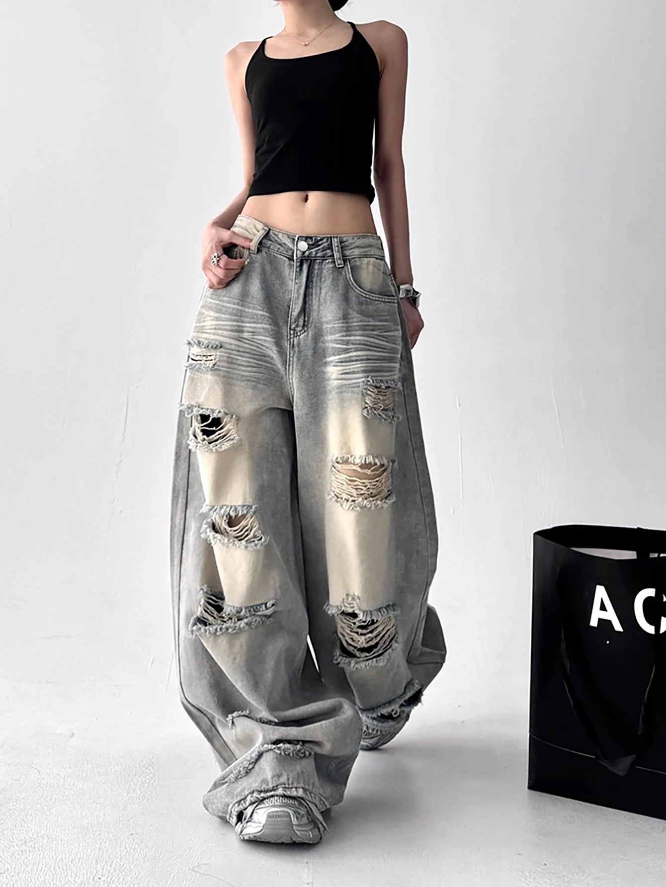 American Vintage Trend Ripped Frayed  Baggy Jeans Women Y2K Street-Style Distressed Design Fashionable Versatile Wide-Leg Pants