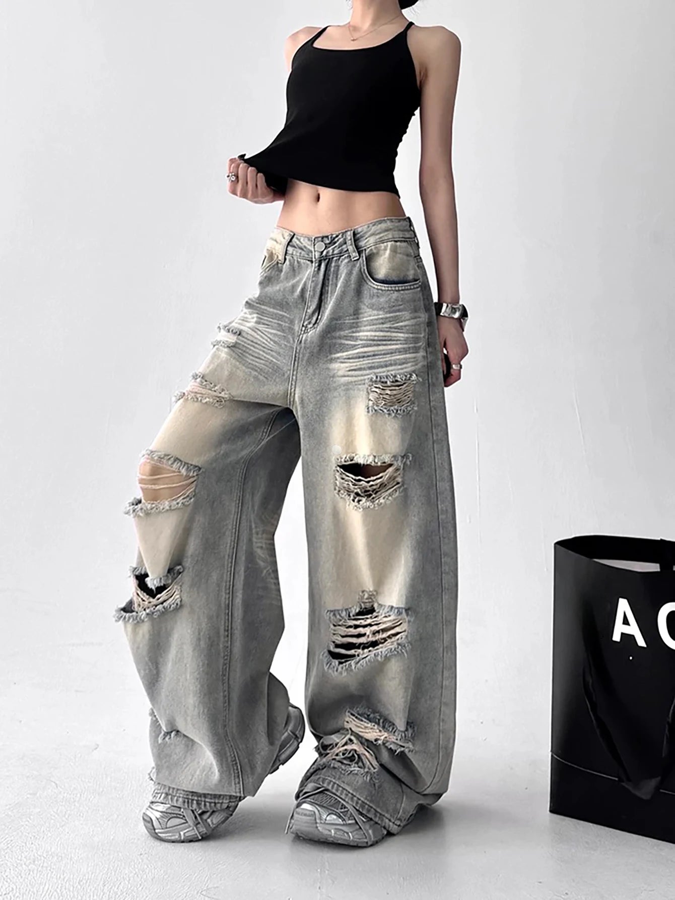 American Vintage Trend Ripped Frayed  Baggy Jeans Women Y2K Street-Style Distressed Design Fashionable Versatile Wide-Leg Pants