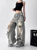 American Vintage Trend Ripped Frayed  Baggy Jeans Women Y2K Street-Style Distressed Design Fashionable Versatile Wide-Leg Pants