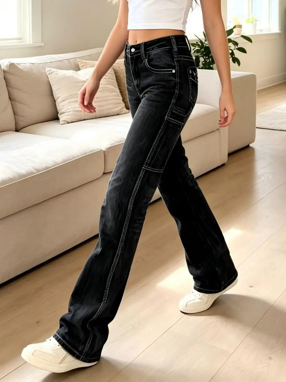 【HME】Jeans | Women Contrast Stitching Denim Pants, Mid‑Rise Flare Workwear Jeans, Star Embroidered Back Pockets, Side Cargo Patch Pockets, Wrinkle Cat‑Whisker Wash, Dark Blue & Black‑Grey Two‑Tone, American Y2K Re