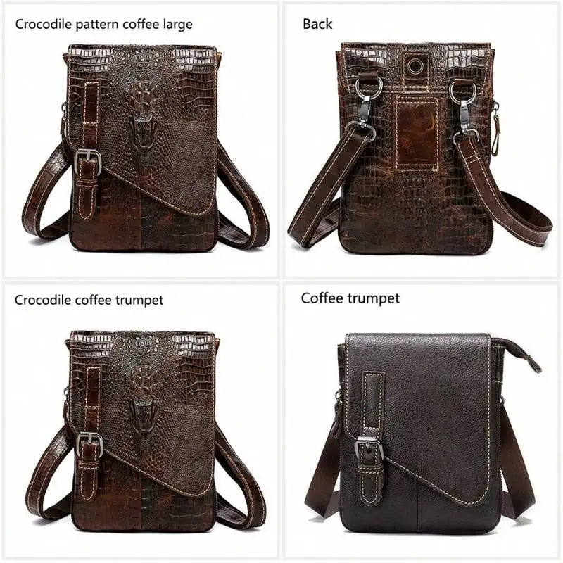 Flap‑over Business Men Crossbody Shoulder Bag, Crocodile Texture First Layer Cowhide Genuine Leather Messenger Bag for Office & Daily Commute