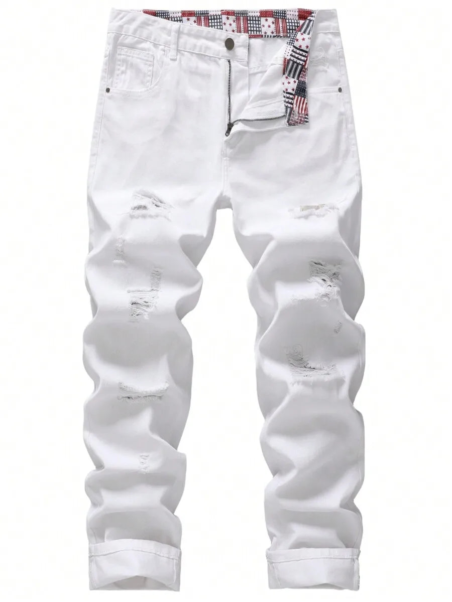 Men's Ripped Non-Stretch Regular Fit Straight-Leg Denim Pants Jeans