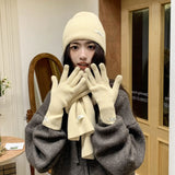 Solid Color Touch Screen Gloves Women Korean Autumn Winter Warm Knitted Three-piece Set Scarves Gloves Hat Women's Glove Sets