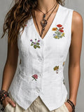 Spring Summer Autumn Linen Gilet with Unique Random Embroidery, Elegant Versatile Commuter Outer‑wear Vest