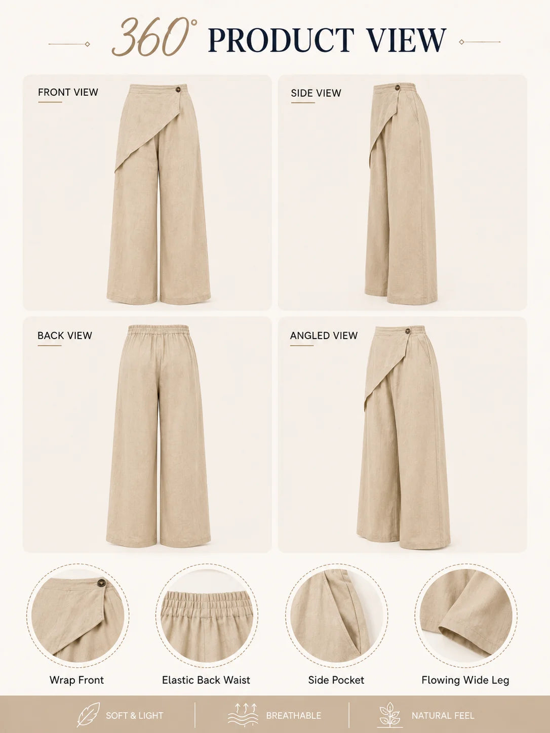 Women Wrap Front Linen Wide Leg Pants, High Waist Elastic Back Waist Culottes with Pockets, Casual Loose Fit Trousers for Summer Beach Daily Streetwear