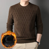 Chenille Winter Warm Sweaters Men Plaid Jacquard O-neck Pullovers Fleece Thick Knitwear Male Business Casual Knitted Sweater