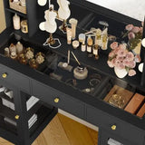 Makeup Vanity Desk with Mirror and Lights, Black Vanity with Glass Top, LED Lights & Power Outlet, 3 Drawers & 2 RGB