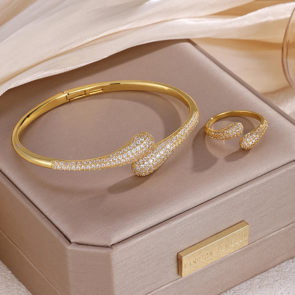 ZAKOL Elegant Brilliant Micropaved Zirconia Water Drop Bracelet Ring Set Luxury Engagement Wedding Party Jewelry for Women