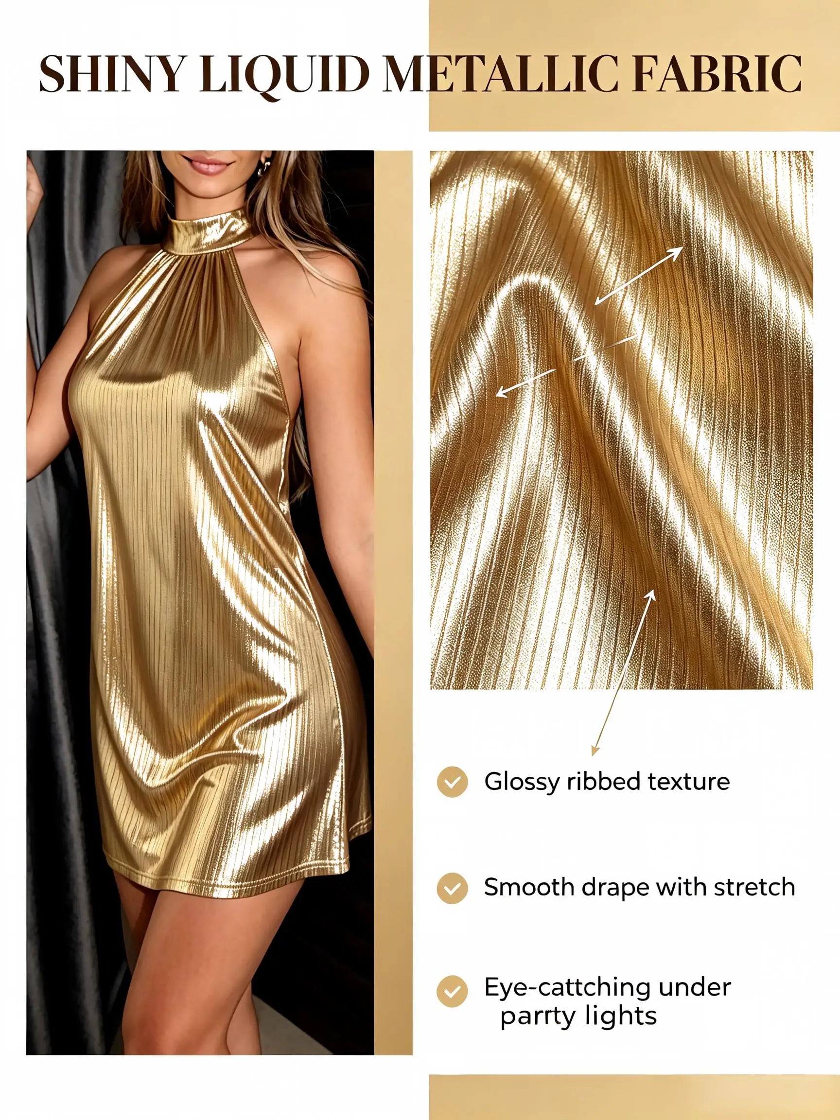 Women Metallic Gold Halter Mini Dress Sleeveless Shiny Liquid Fabric A Line Short Dresses 2026 Summer Elegant Cocktail Club Party Vacation Vestidos