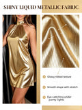Women Metallic Gold Halter Mini Dress Sleeveless Shiny Liquid Fabric A Line Short Dresses 2026 Summer Elegant Cocktail Club Party Vacation Vestidos