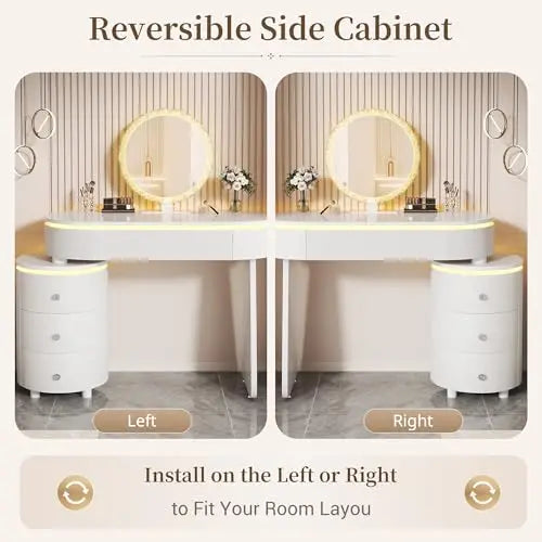 Round Makeup Vanity Desk with Mirror and Lights, Faux Leather Modern Vanity Desk with Reversible Side Cabinet, Small