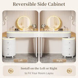 Round Makeup Vanity Desk with Mirror and Lights, Faux Leather Modern Vanity Desk with Reversible Side Cabinet, Small