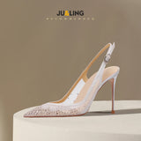 New Baotou Sexy Sandals with One Buckle and Summer Mesh, Rhinestone High Heels for Women, Slim Heels, Shallow Mouth