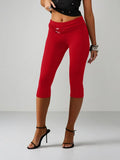 MISSGUIDED Women's Red Capri Leggings With Gold Hardware Detail Waistband Mid Rise Cropped Pants Spring Summer Fashion