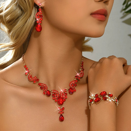 Luxury Red Crystal 3Pcs Jewelry Set Women's Gold Rhinestone Necklace Earrings Bracelet Bridal Wedding Party Accessories