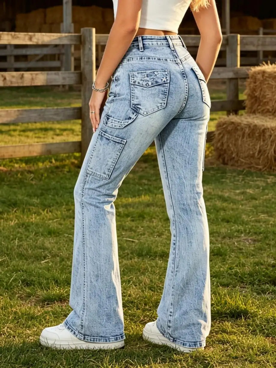 【HME】Jeans | Women Carpenter Pocket Design Denim Pants, High Waist Flare Bootcut Denim Jeans, Light Blue Snow Stone Wash, Tummy Control Butt-Lifting Optimize Waist-Hip Ratio, Flare Hem Lengthen Legs, American Retro Workwe