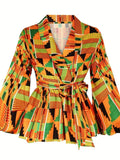 Women's Notched Lapel Long Sleeve Printed Wrap Peplum Top For Daily Vacation Street Casual Fashion Occasions