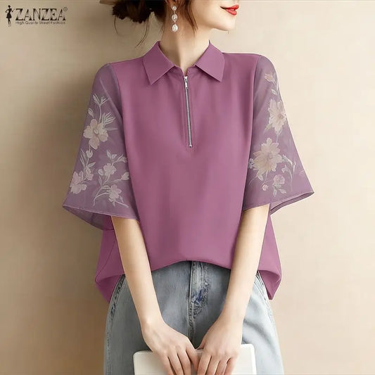 ZANZEA Summer 2026 Women's Elegant Blouses Turn-Down Collar Half-Zip Floral Print 3/4 Sleeves Patchwork Shirts Woman Clothes 3XL