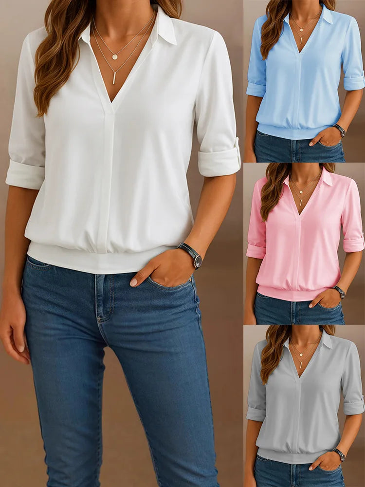 Casual Long Sleeve V-neck Blouse Women 2025 Autumn Winter Solid Color Loose Shirts And Blouses Ladies Pullover Tops Elegant