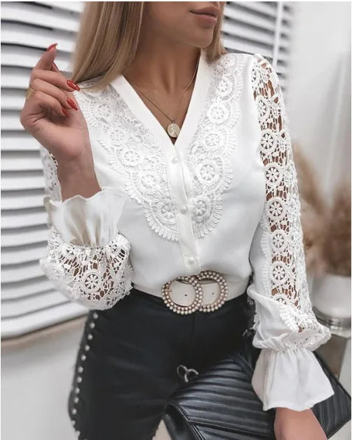 Women Shirt Blouse New Long Sleeve Stand Collar White Hollow Out Shirt Blouse Women Tops Blouses Shirts Blusas Para Mujer Q3566