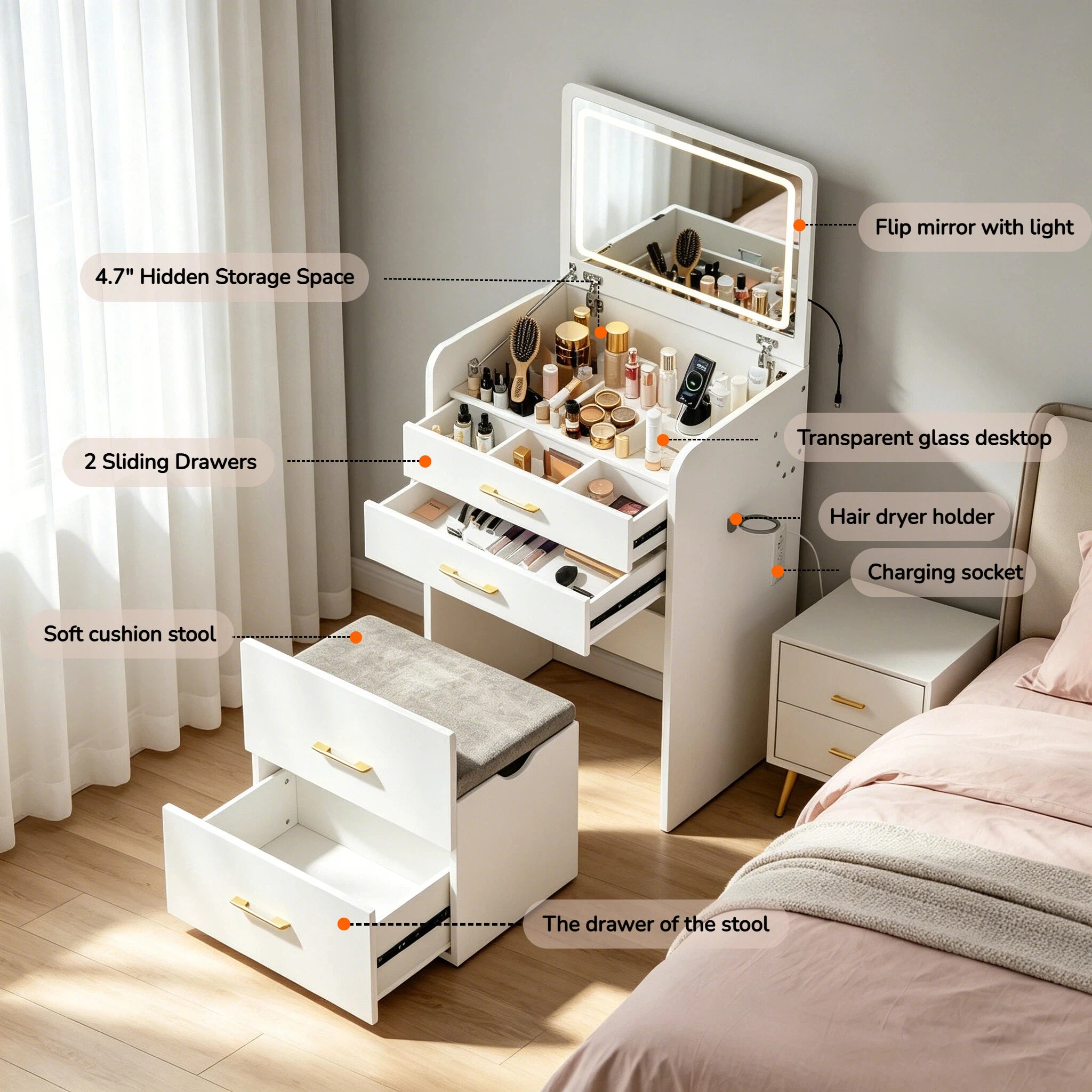 3-in-1 Vanity Desk with LED Mirror & Power Outlet 23.6" Flip-Up Dressing Table with Charging Station 3 Drawers Glass Top for Bedroom